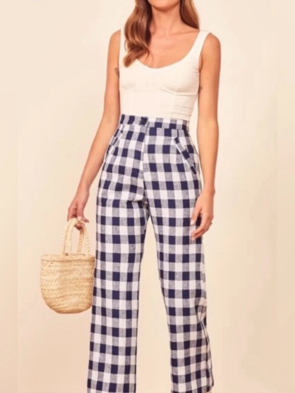 Reformation Size 2 • Linen Blue Plaid High Waist Pants Trousers.